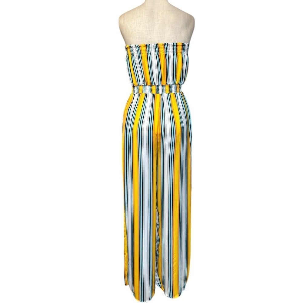 Forever 21 Medium Strapless Yellow Blue White Stripe Jumpsuit Casual - Picture 3 of 9